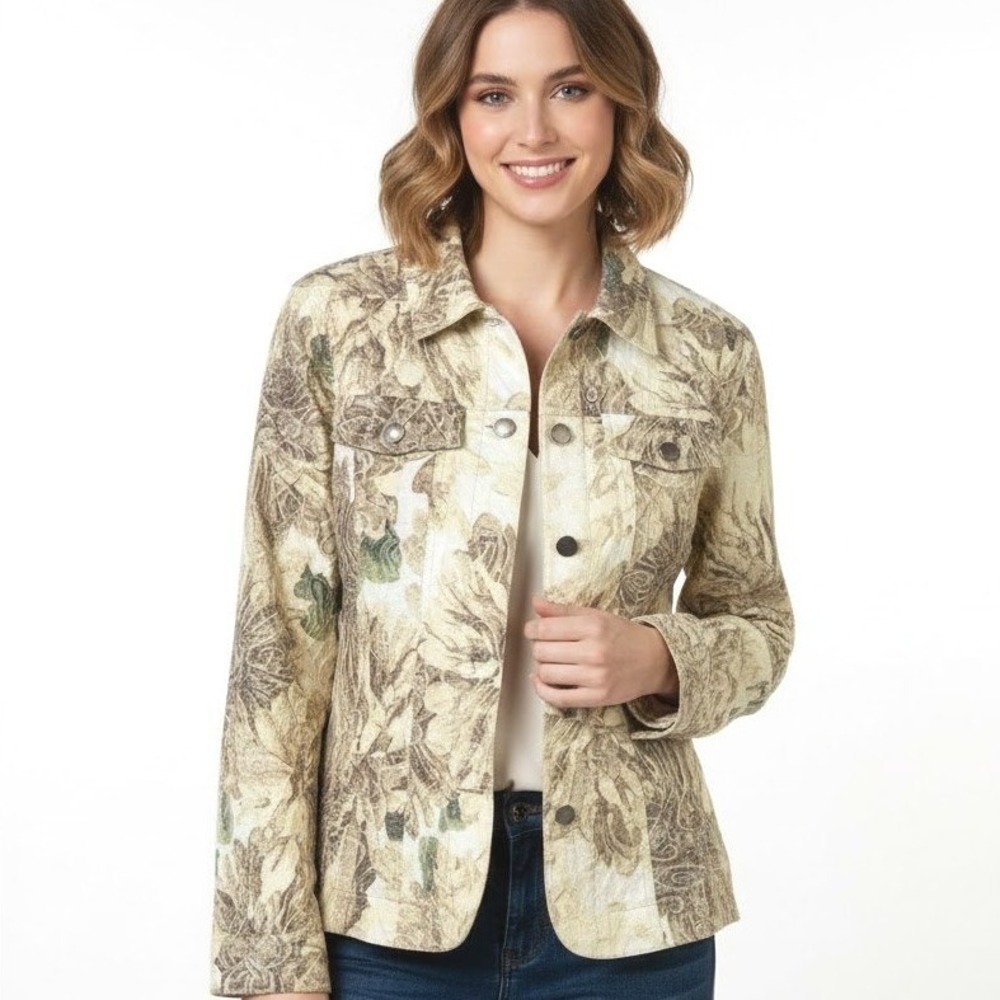 Analogy Floral Tapestry Jacket Womens M Earth Tone Boho Button Front Stretch